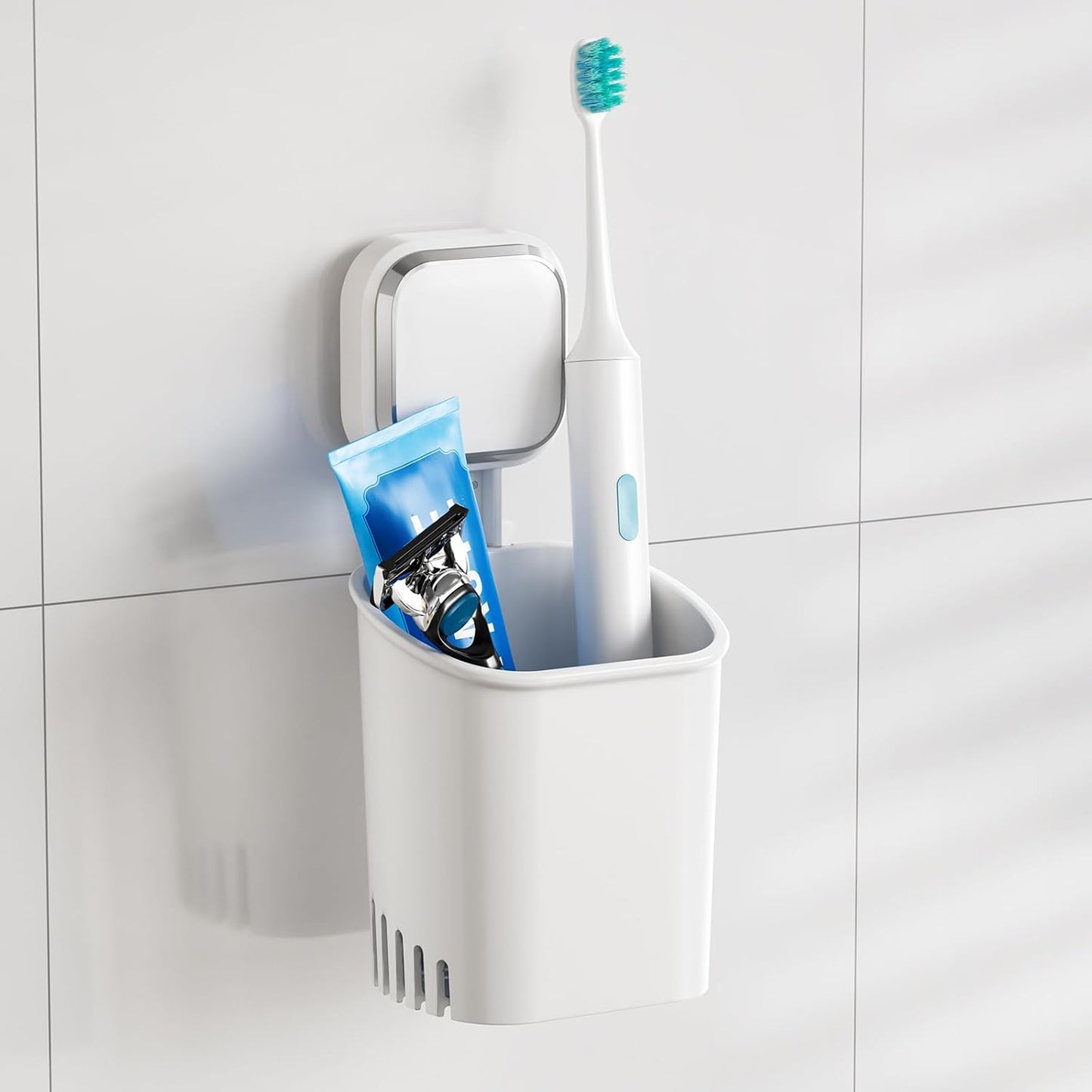 TAILI Powerful Suction Toothbrush Holder for Shower Wall, No Nail, No Glue! Self-draining Shower Cup for Toothpaste, Toothbrush, Kitchen Tableware, Strong Suction Cup Razor Holders for Bathroom, White