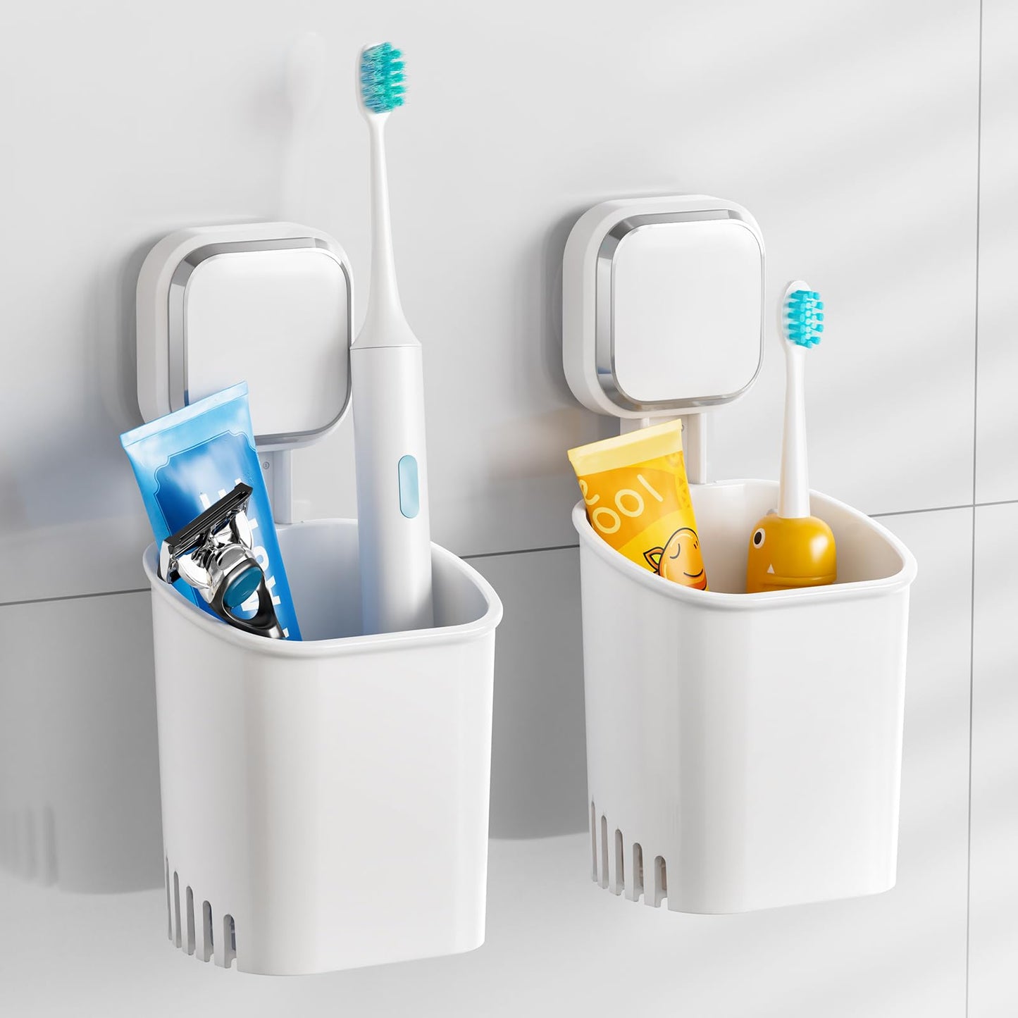TAILI Powerful Suction Toothbrush Holder for Shower Wall, No Nail, No Glue! Self-draining Shower Cup for Toothpaste, Toothbrush, Kitchen Tableware, Strong Suction Cup Razor Holders for Bathroom, White