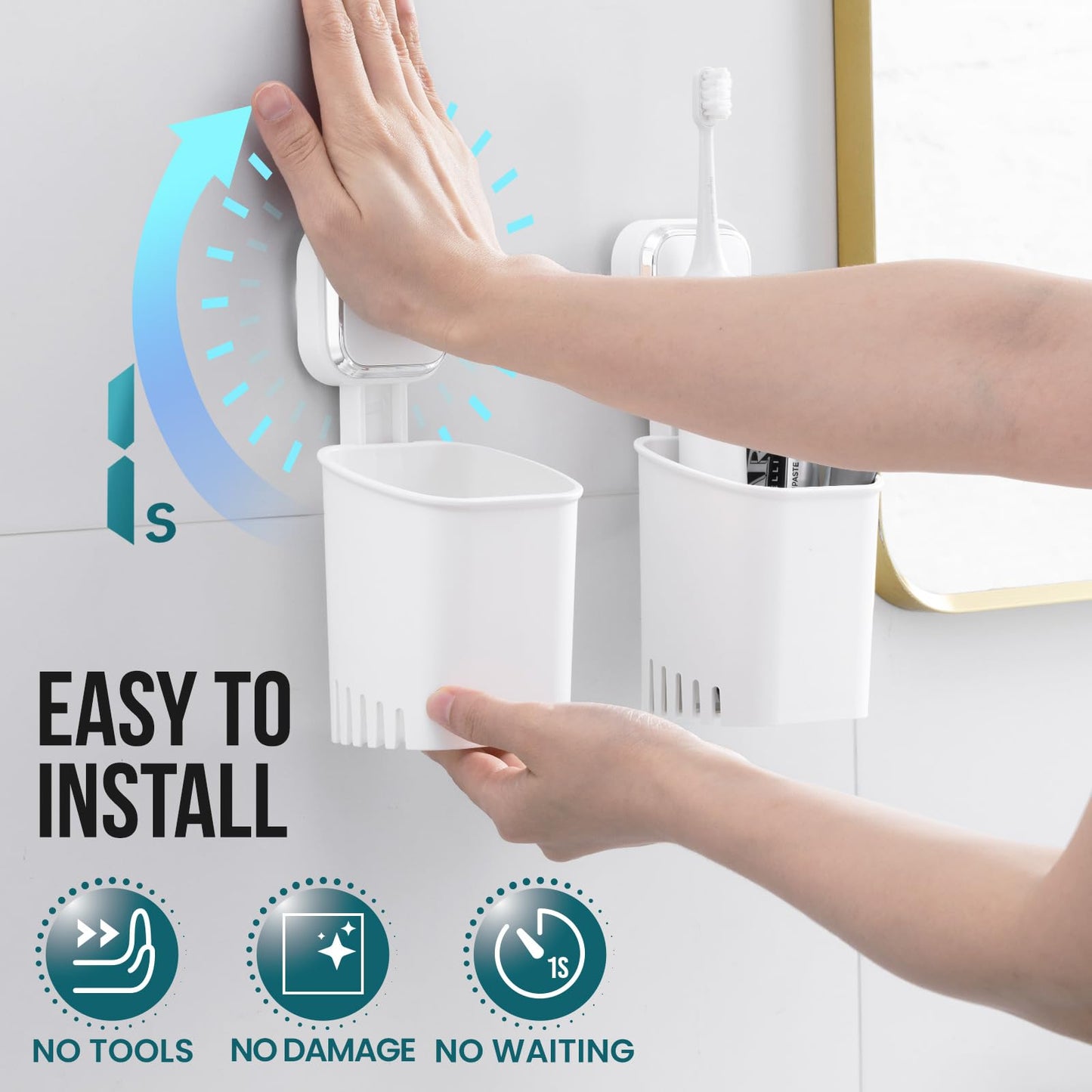 TAILI Powerful Suction Toothbrush Holder for Shower Wall, No Nail, No Glue! Self-draining Shower Cup for Toothpaste, Toothbrush, Kitchen Tableware, Strong Suction Cup Razor Holders for Bathroom, White