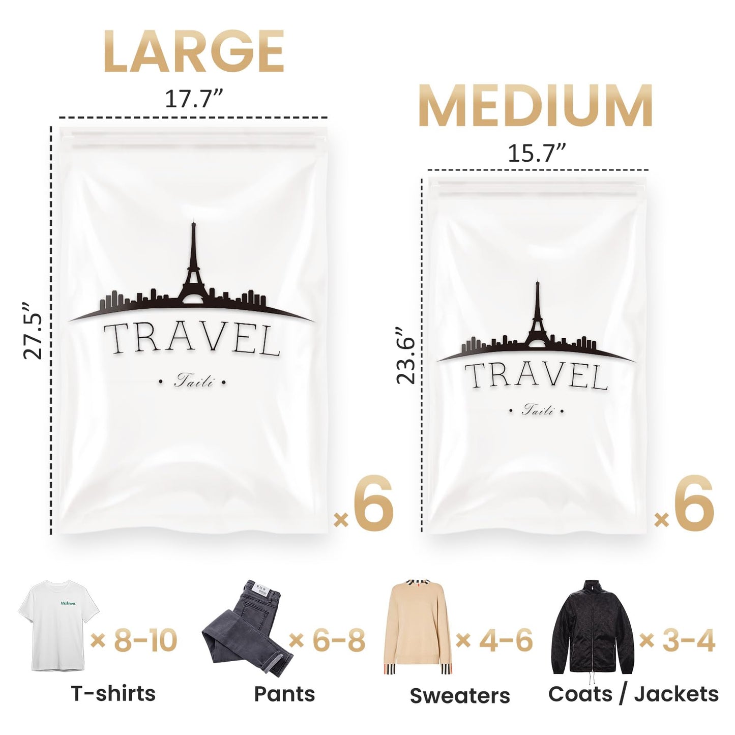 TAILI 12 Pack Travel Compression Bags, Roll Up Space Saver Bags (6 Large+6 Medium), No Vacuum Needed Reusable Packing for Luggage, Suitcase, Backpack, Travel Essentials, Clear