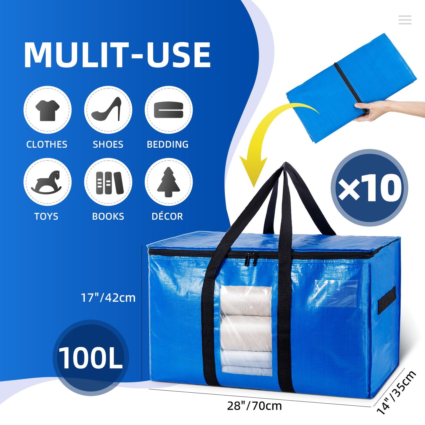 TAILI Extra Large Moving Bags, 10 Pack Blue Heavy Duty Totes For Storage with Visible Window, Wrap Around Handles, Storage Bags for Space Saving, Alternative to Moving Boxes