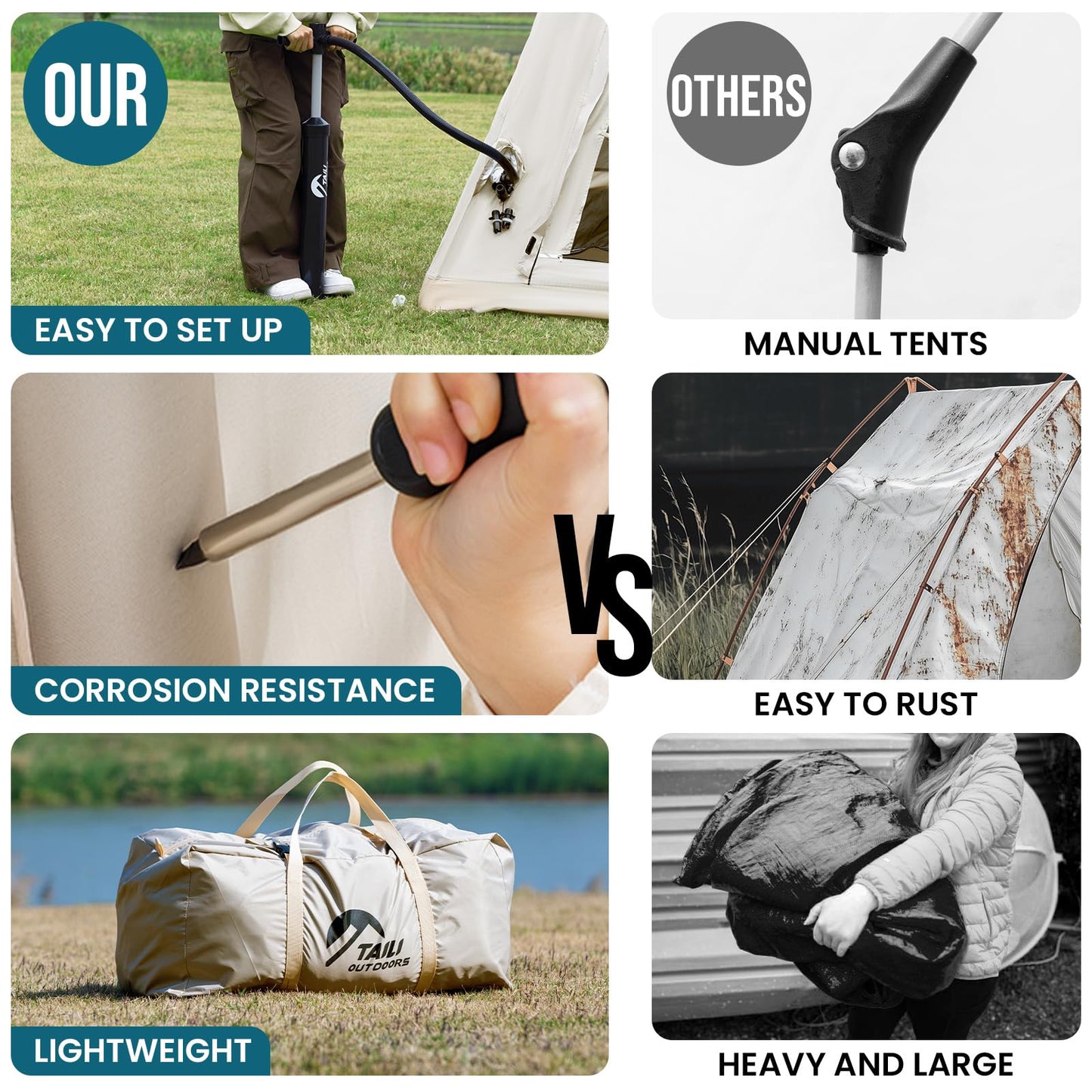 TAILI Inflatable Blow Up Tent for Camping with Hand Pump for 4-6 Person, Easy Setup Outdoor Inflatable Oxford Waterproof Air Tent House for Family Camping Adult, Khaki