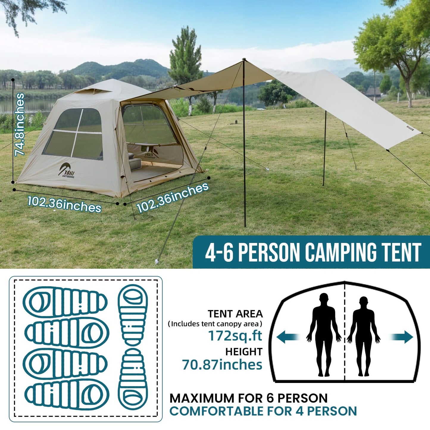 TAILI Inflatable Blow Up Tent for Camping with Hand Pump for 4-6 Person, Easy Setup Outdoor Inflatable Oxford Waterproof Air Tent House for Family Camping Adult, Khaki