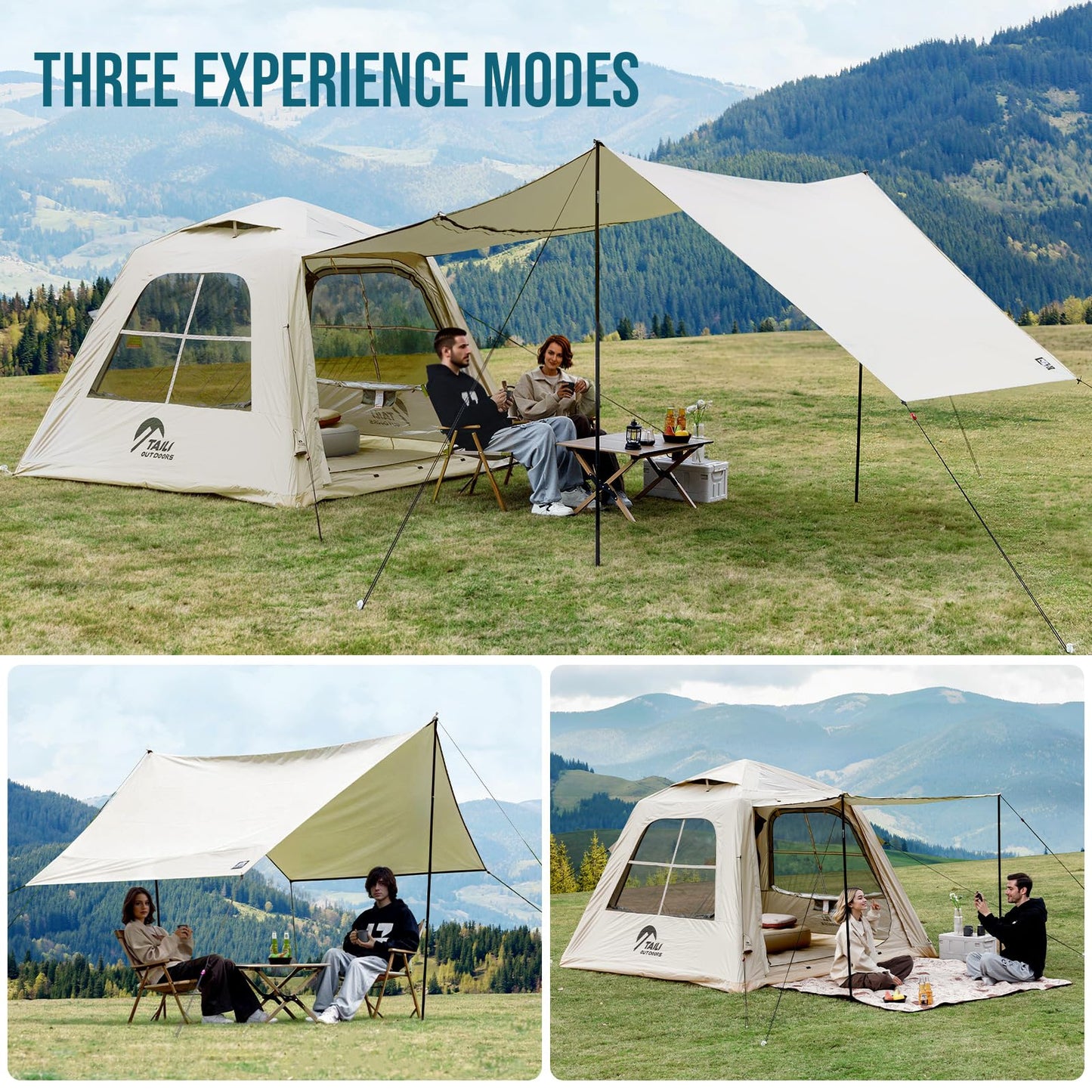 TAILI Inflatable Blow Up Tent for Camping with Hand Pump for 4-6 Person, Easy Setup Outdoor Inflatable Oxford Waterproof Air Tent House for Family Camping Adult, Khaki