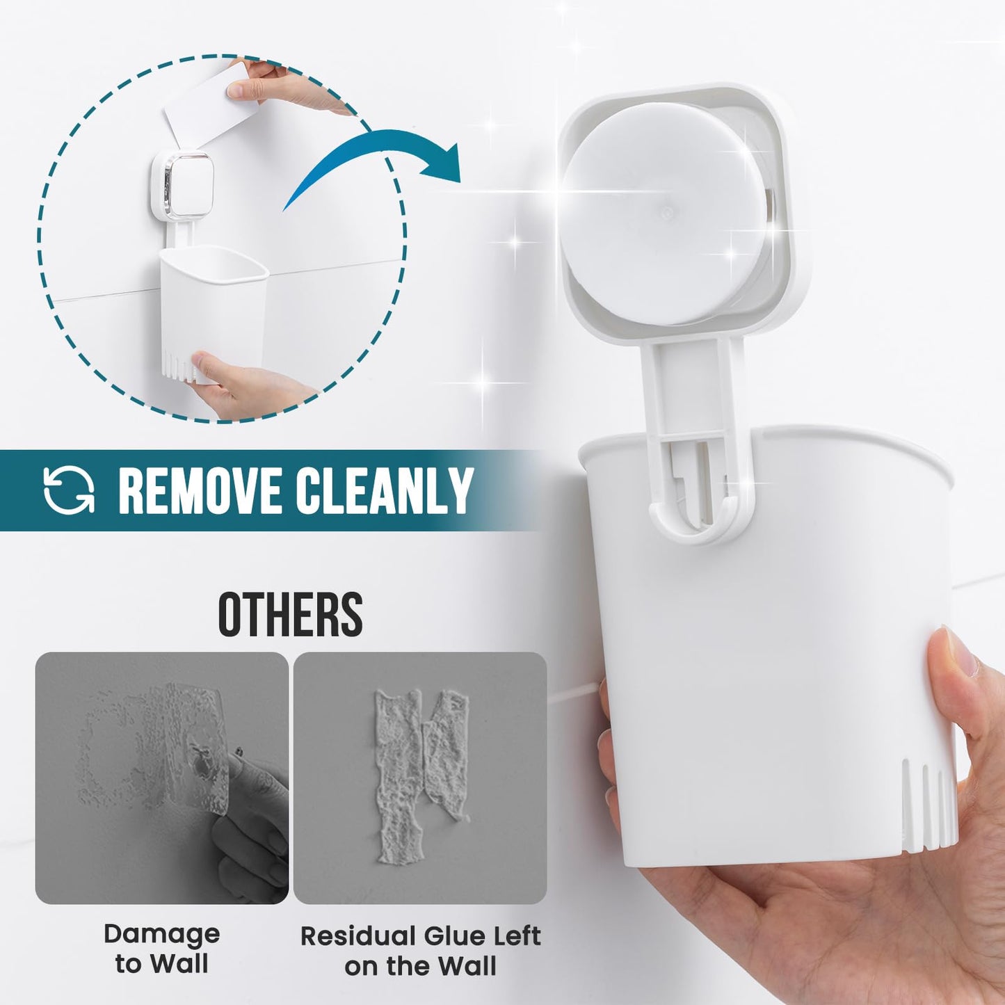 TAILI Powerful Suction Toothbrush Holder for Shower Wall, No Nail, No Glue! Self-draining Shower Cup for Toothpaste, Toothbrush, Kitchen Tableware, Strong Suction Cup Razor Holders for Bathroom, White
