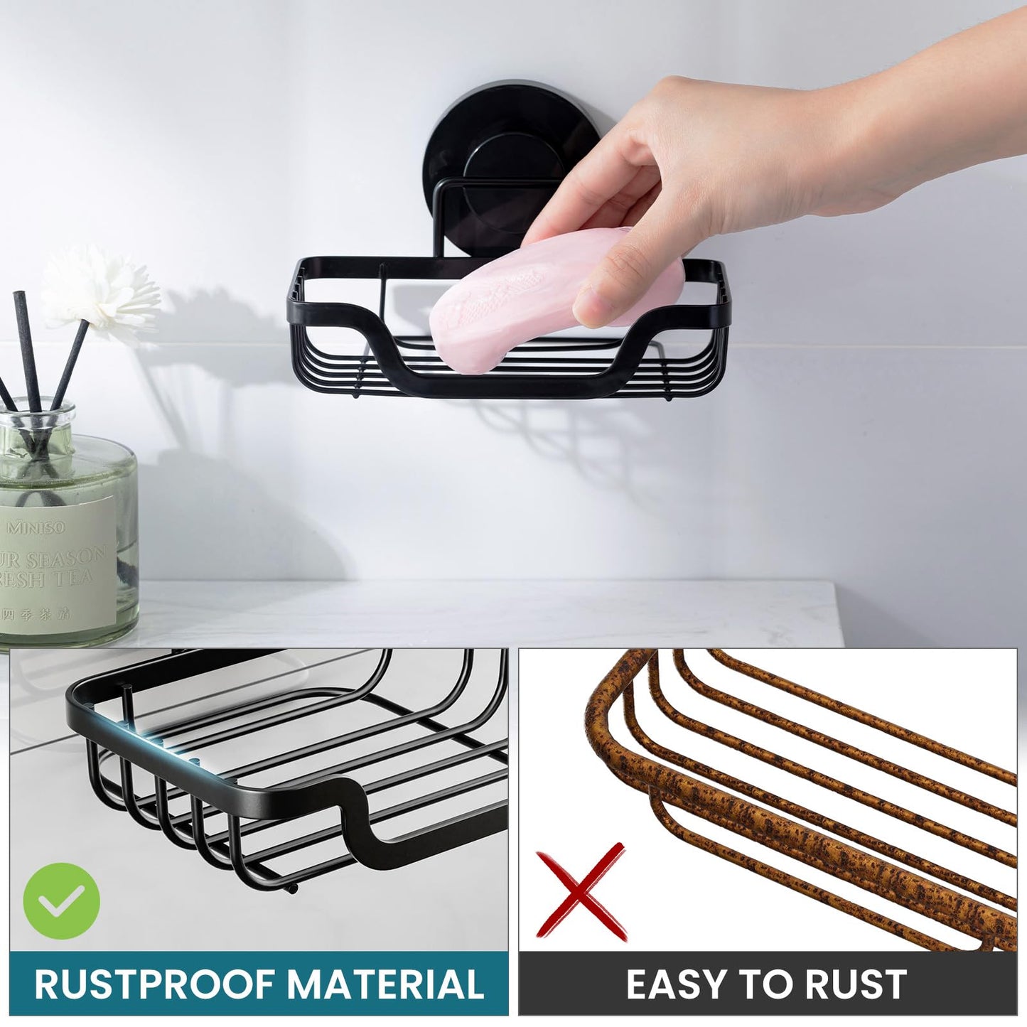 TAILI Soap Dish Holder Suction Cup with Hooks and Silicone Soap Saver Pad for Shower Wall, Shampoo Saver Tray for Bathroom, Tub, Kitchen, Rustproof Stainless Steel Sponge Holder