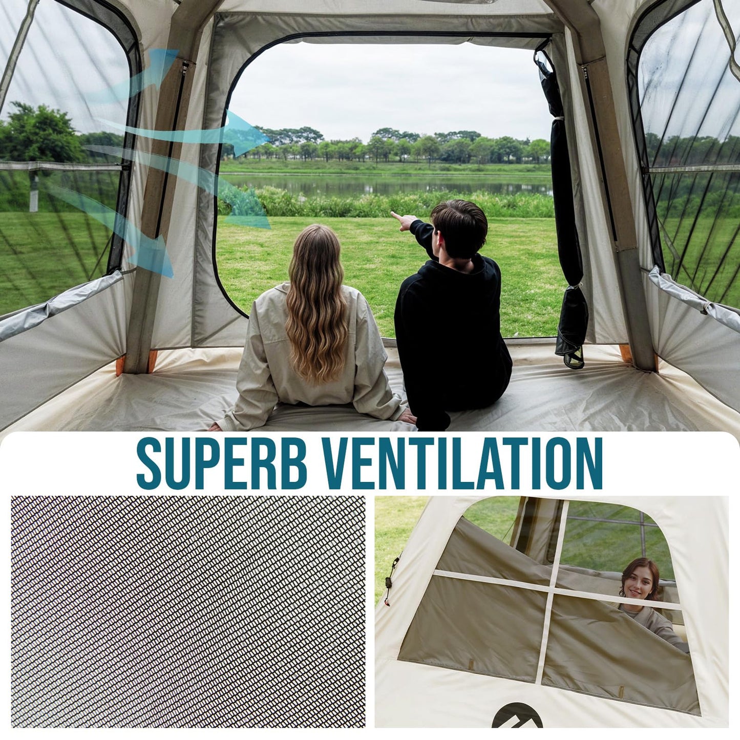 TAILI Inflatable Blow Up Tent for Camping with Hand Pump for 4-6 Person, Easy Setup Outdoor Inflatable Oxford Waterproof Air Tent House for Family Camping Adult, Khaki