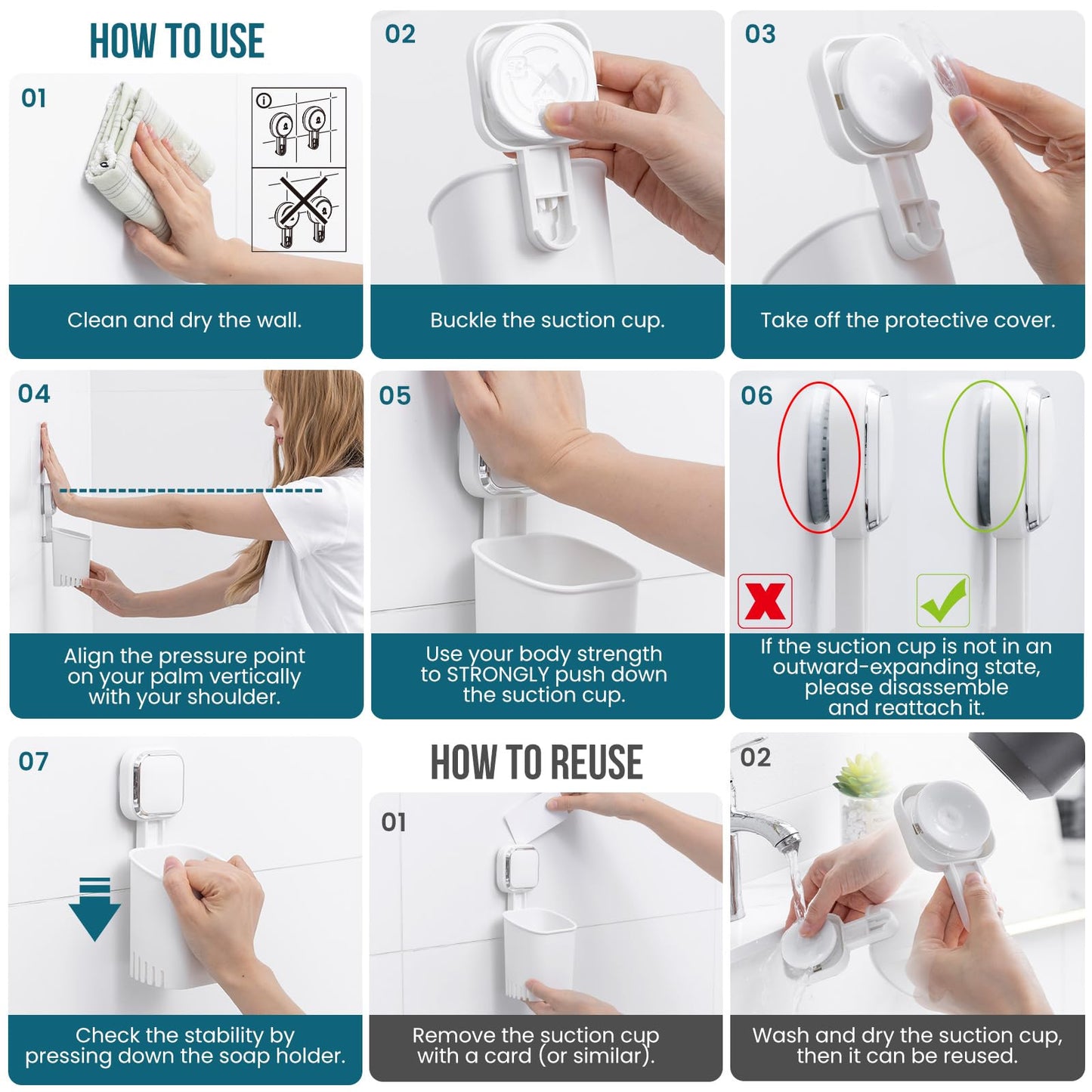 TAILI Powerful Suction Toothbrush Holder for Shower Wall, No Nail, No Glue! Self-draining Shower Cup for Toothpaste, Toothbrush, Kitchen Tableware, Strong Suction Cup Razor Holders for Bathroom, White