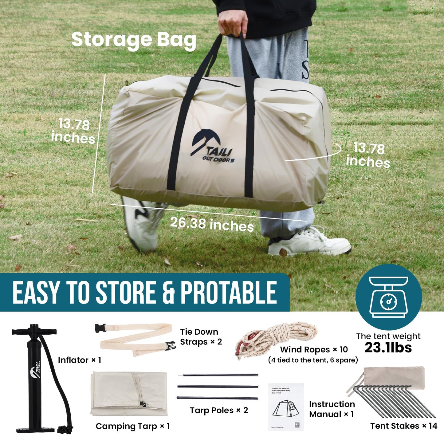 TAILI Inflatable Blow Up Tent for Camping with Hand Pump for 4-6 Person, Easy Setup Outdoor Inflatable Oxford Waterproof Air Tent House for Family Camping Adult, Khaki