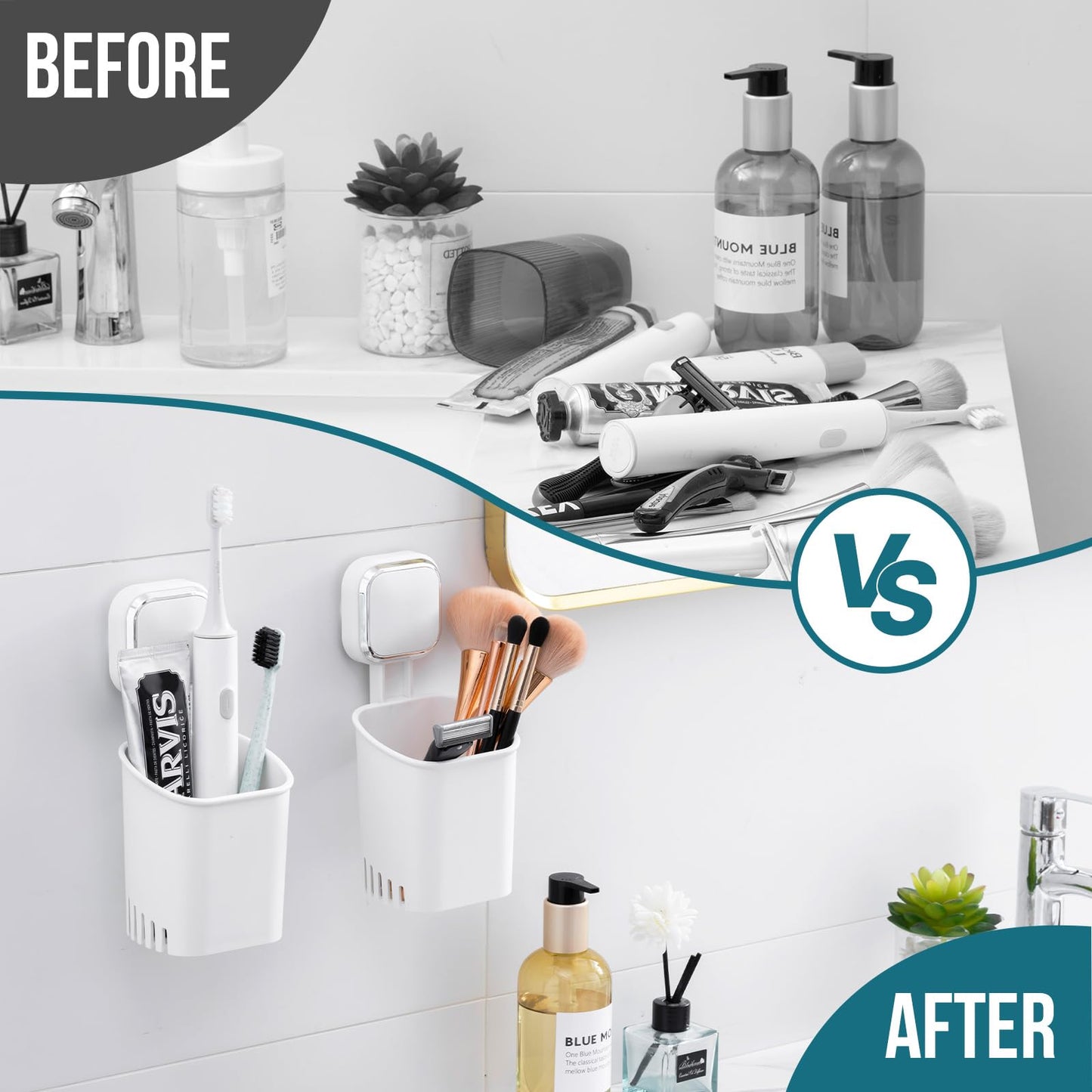 TAILI Powerful Suction Toothbrush Holder for Shower Wall, No Nail, No Glue! Self-draining Shower Cup for Toothpaste, Toothbrush, Kitchen Tableware, Strong Suction Cup Razor Holders for Bathroom, White
