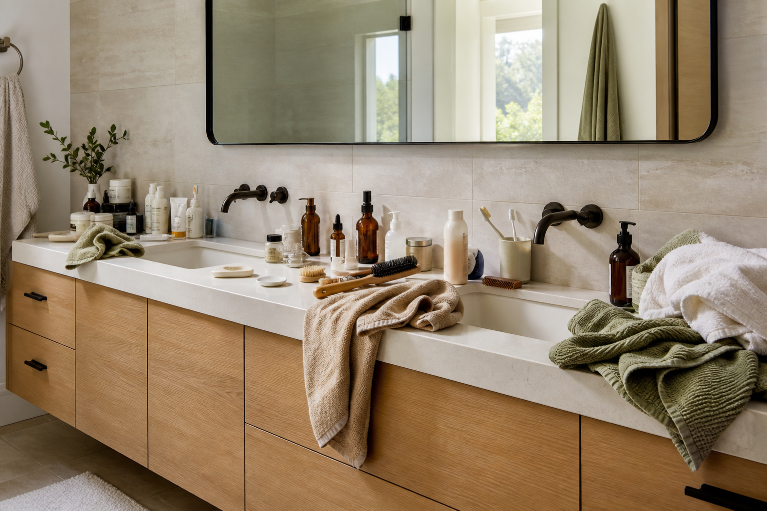 Drill-free bathroom organization