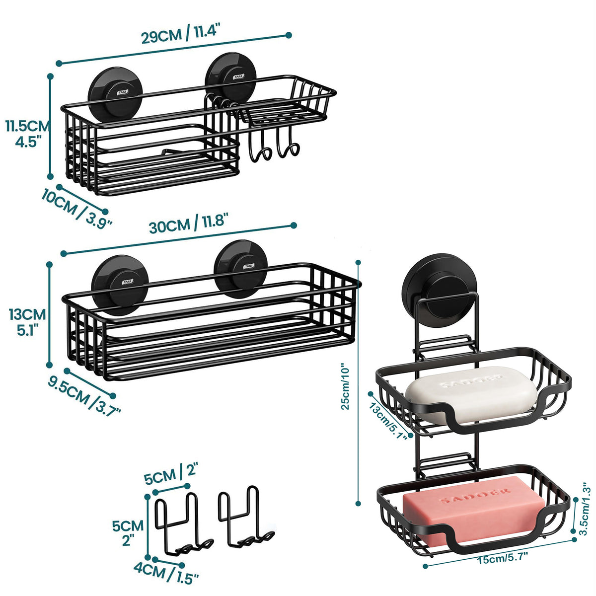 TAILI Line Series Suction Shower Caddy & TRACE Series Suction Soap Dish Bundle – No-Drill Metal Bathroom Organizer with Double-Layer Stainless Steel Design