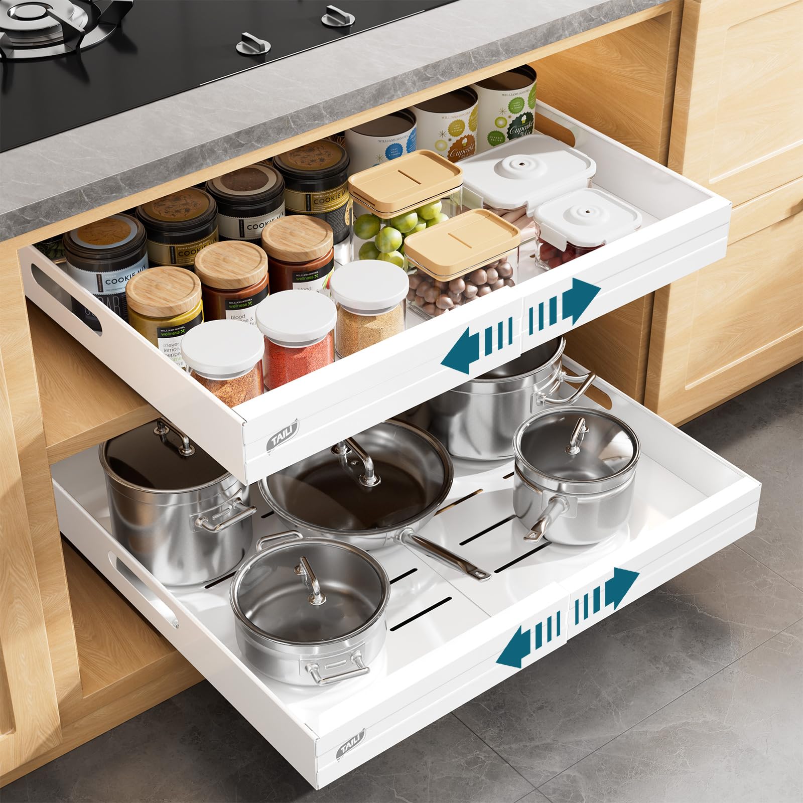 TAILI Expandable Pull Out Cabinet Organizer, Adjustable Width 12.05"-20.4", 21" Deep, 3 Slide Rails, Raising Pads, Portable & No-Trace Removal, Tool-Free Installation, White