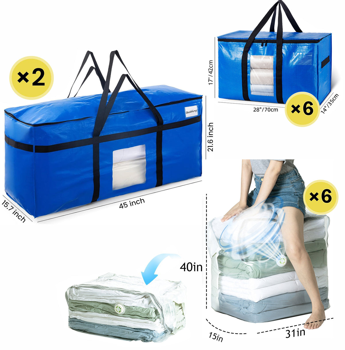 TAILI 14-Piece Moving Essentials Kit – 2-Pack 69 Gallon Blue Storage Bags with Window, 6-Pack Blue XL Moving Bags with Window & 6-Pack Jumbo Vacuum Storage Bags