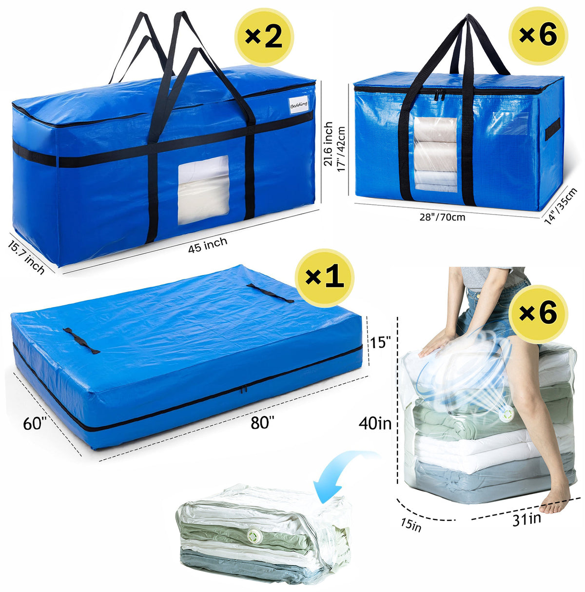 TAILI 15-Piece Moving Essentials Kit – 2-Pack 69 Gallon Storage Bags with Window, 6-Pack XL Moving Bags with Window, 6-Pack Jumbo Vacuum Storage Bags & Twin/Full Mattress Bag