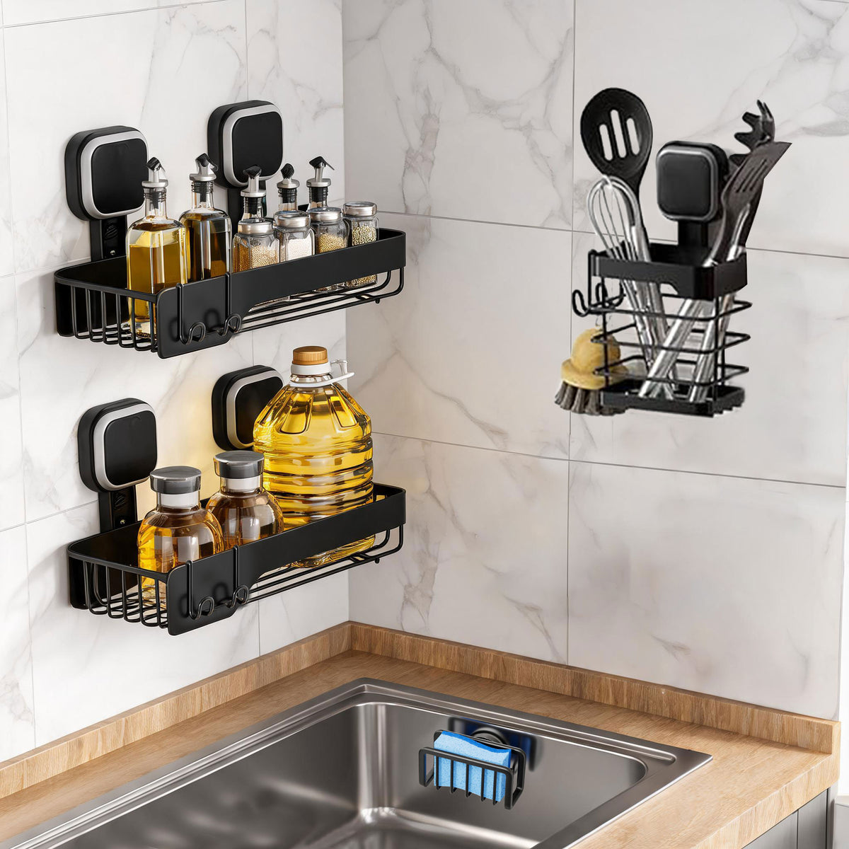 TAILI Kitchen No-Drill Suction 4-Piece Set | 2 Storage Baskets + Ladle/Utensil Holder + Sponge Drainer