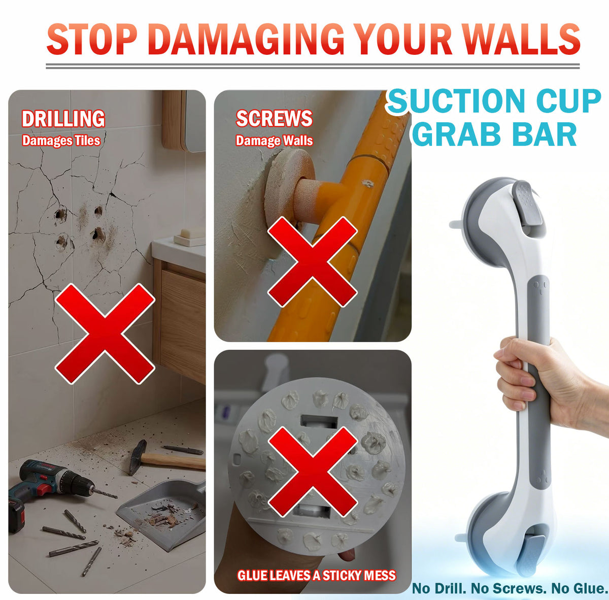 TAILI 16.8 Inch Suction Shower Grab Bar – No Drill Bathroom Safety Handle for Seniors & Elderly Fall Prevention