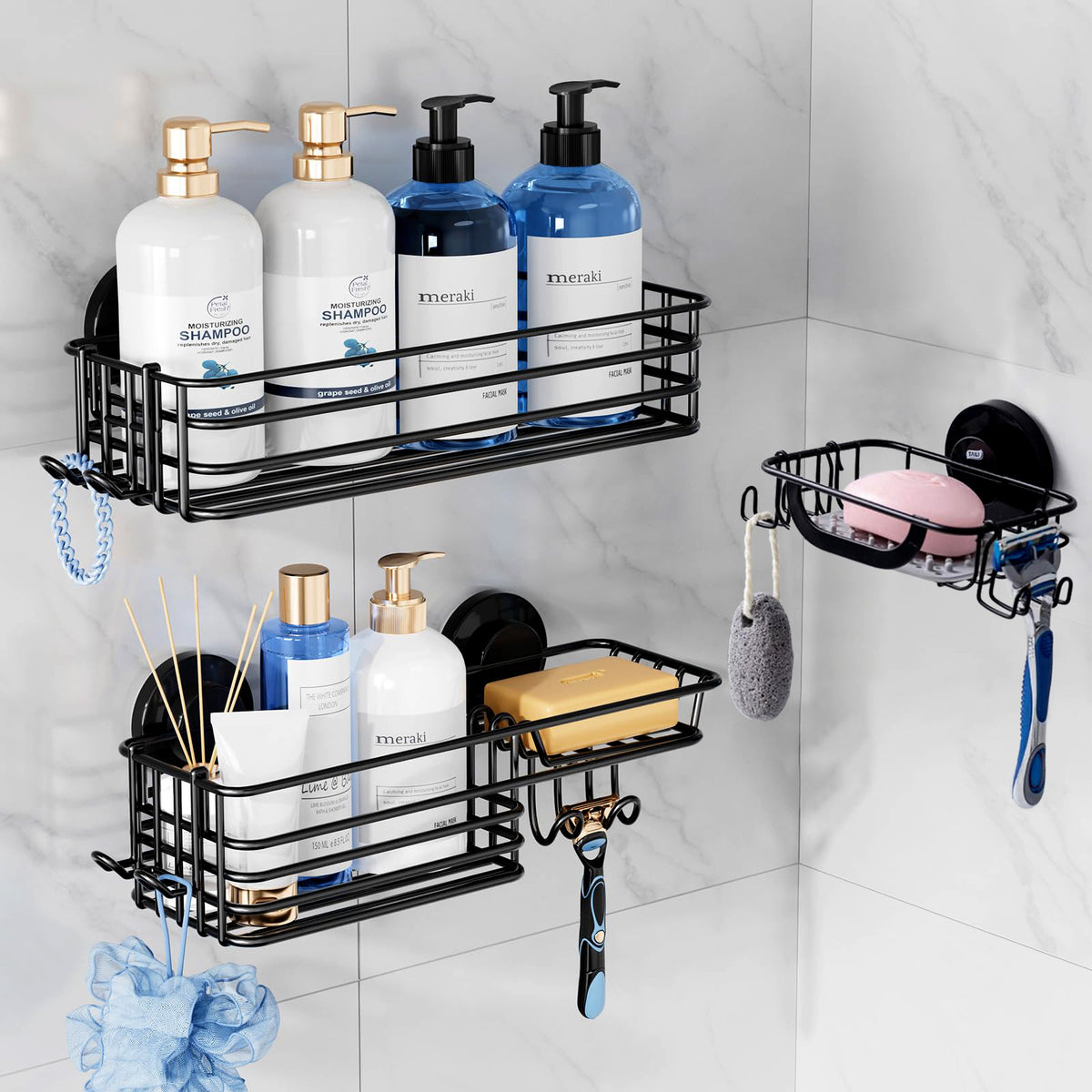 TAILI Line Series No-Drill Suction Shower Organizer 3-Piece Set – 2 Metal Caddies + 1 Soap Holder with Hooks
