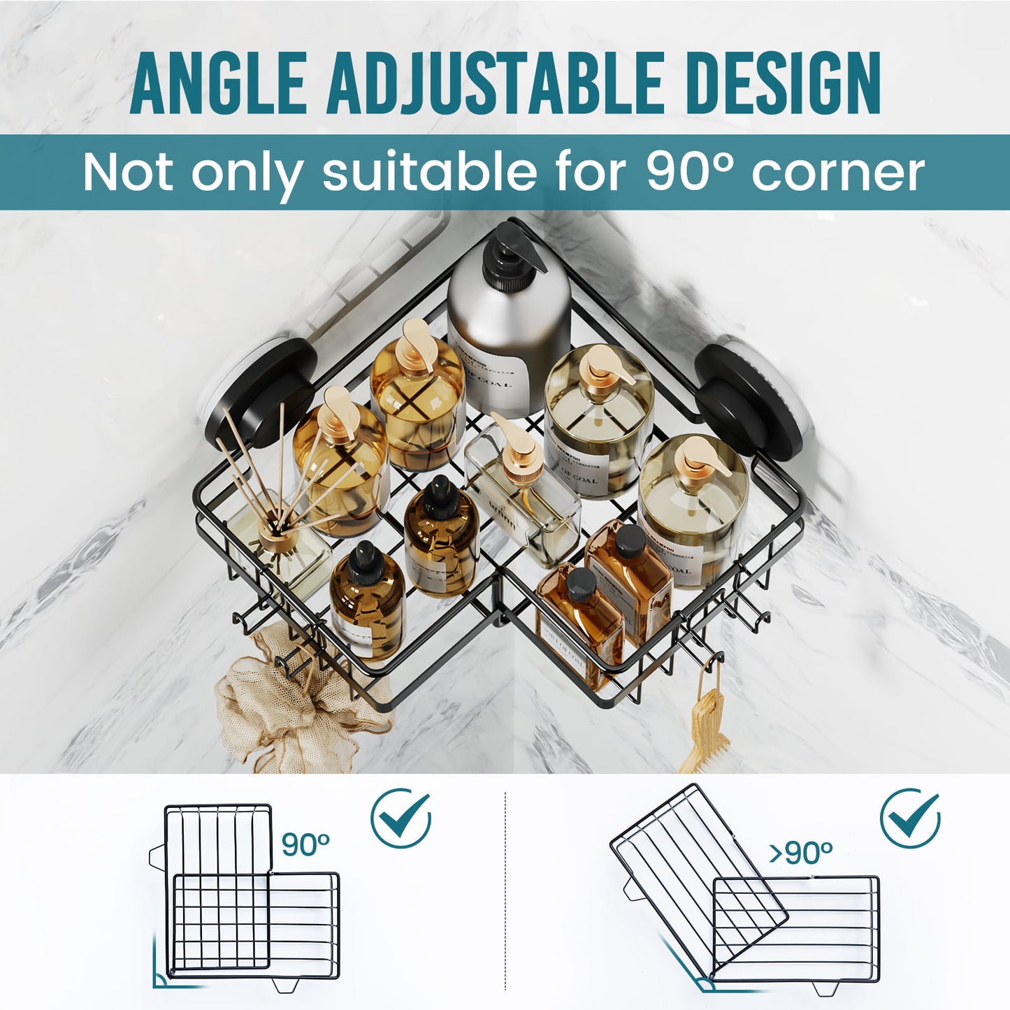 TAILI Suction Cup Shower Caddy 2 Pack, Drill-Free Heavy Duty Shower Shelf with Hooks, Wall Mounted Basket Organizer for Bathroom, Removable Rustproof Stainless Steel Shower Rack