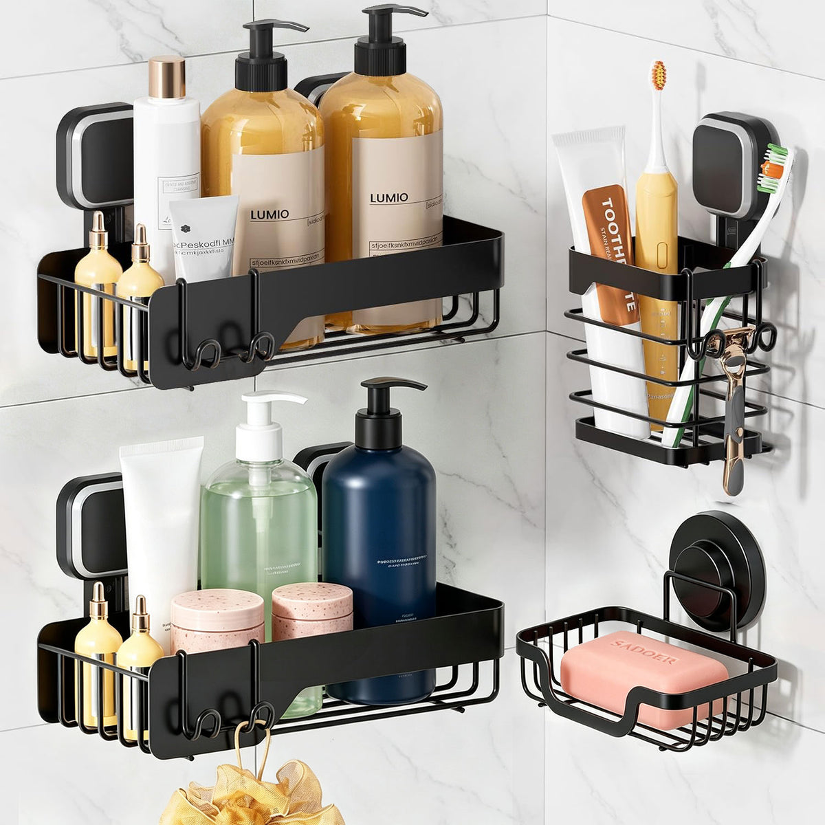 TAILI 4-Piece Suction Cup Bathroom Organizer Set – 2 Shower Caddies, Toothbrush Holder with Razor Hook & Stainless Steel Soap Holder, No-Drill
