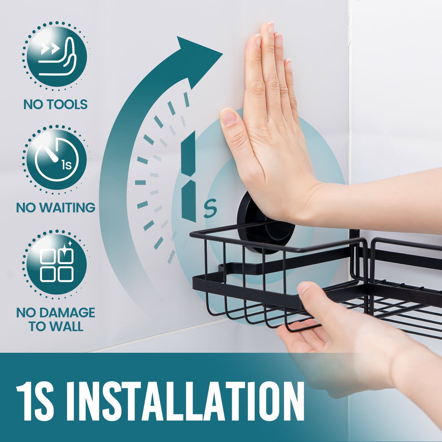 TAILI Suction Cup Shower Caddy 2 Pack, Drill-Free Heavy Duty Shower Shelf with Hooks, Wall Mounted Basket Organizer for Bathroom, Removable Rustproof Stainless Steel Shower Rack