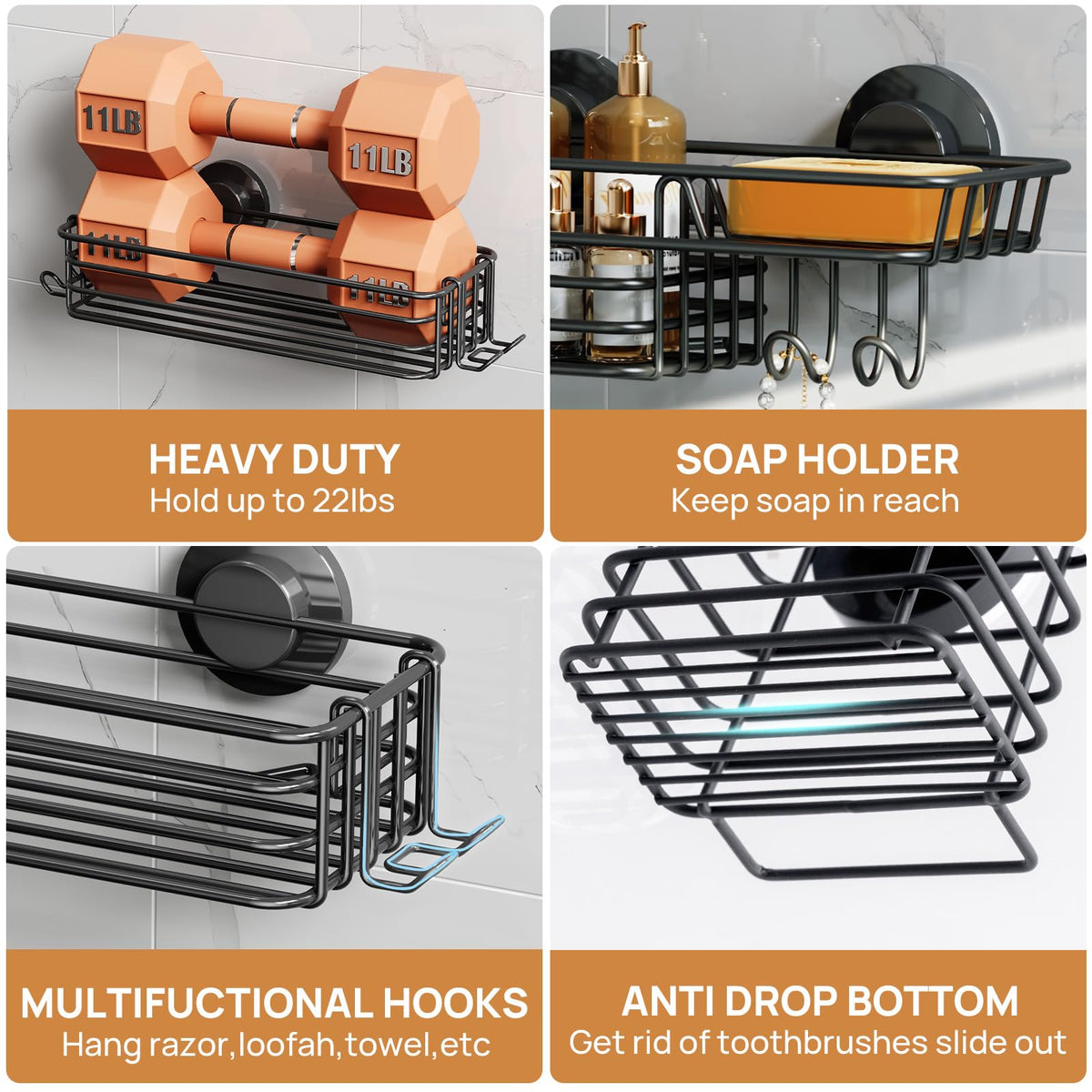 TAILI Shower Caddy Suction Cup, 3 Pack Heavy Duty Bathroom Organizer