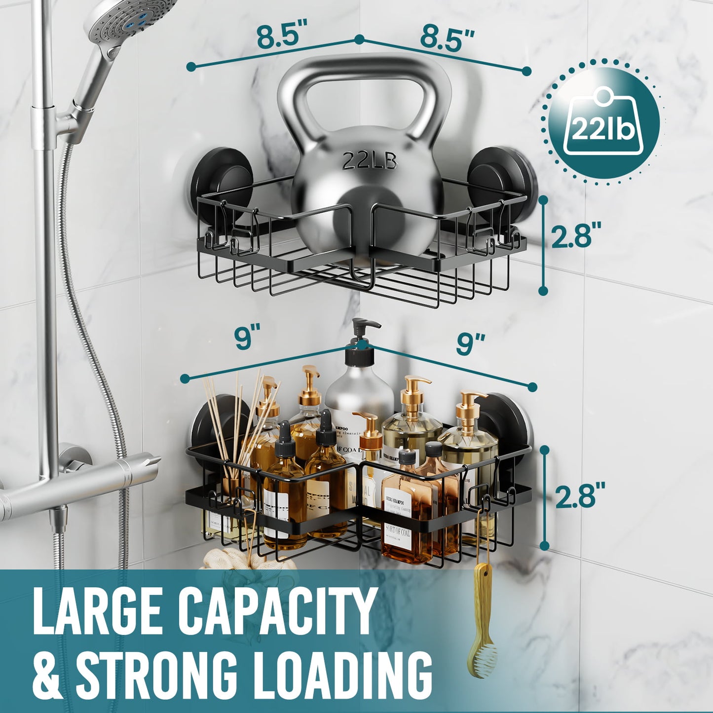 TAILI Suction Cup Shower Caddy 2 Pack, Drill-Free Heavy Duty Shower Shelf with Hooks, Wall Mounted Basket Organizer for Bathroom, Removable Rustproof Stainless Steel Shower Rack
