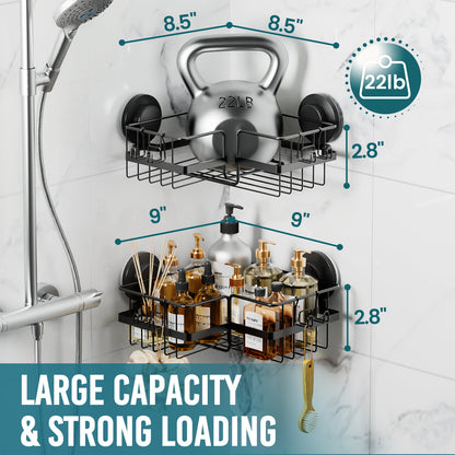 TAILI Suction Cup Shower Caddy 2 Pack, Drill-Free Heavy Duty Shower Shelf with Hooks, Wall Mounted Basket Organizer for Bathroom, Removable Rustproof Stainless Steel Shower Rack