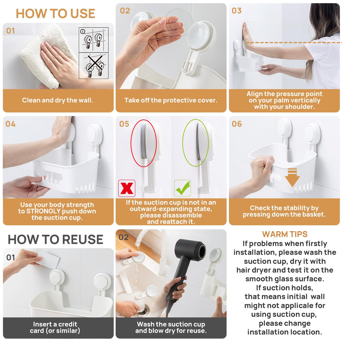 TAILI Suction Cup Shower Caddy Set, No-Drilling Bathroom Shelf with Soap & Toothbrush Holder, Waterproof, White