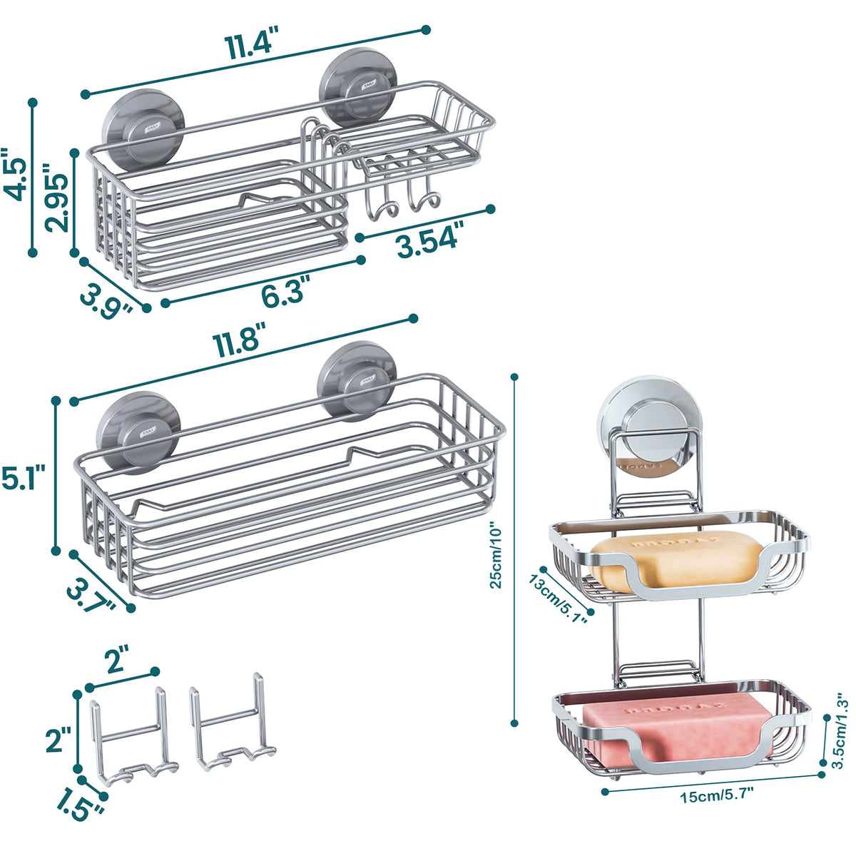 TAILI Line Series Suction Shower Caddy & TRACE Series Suction Soap Dish Bundle – No-Drill Metal Bathroom Organizer with Double-Layer Stainless Steel Design