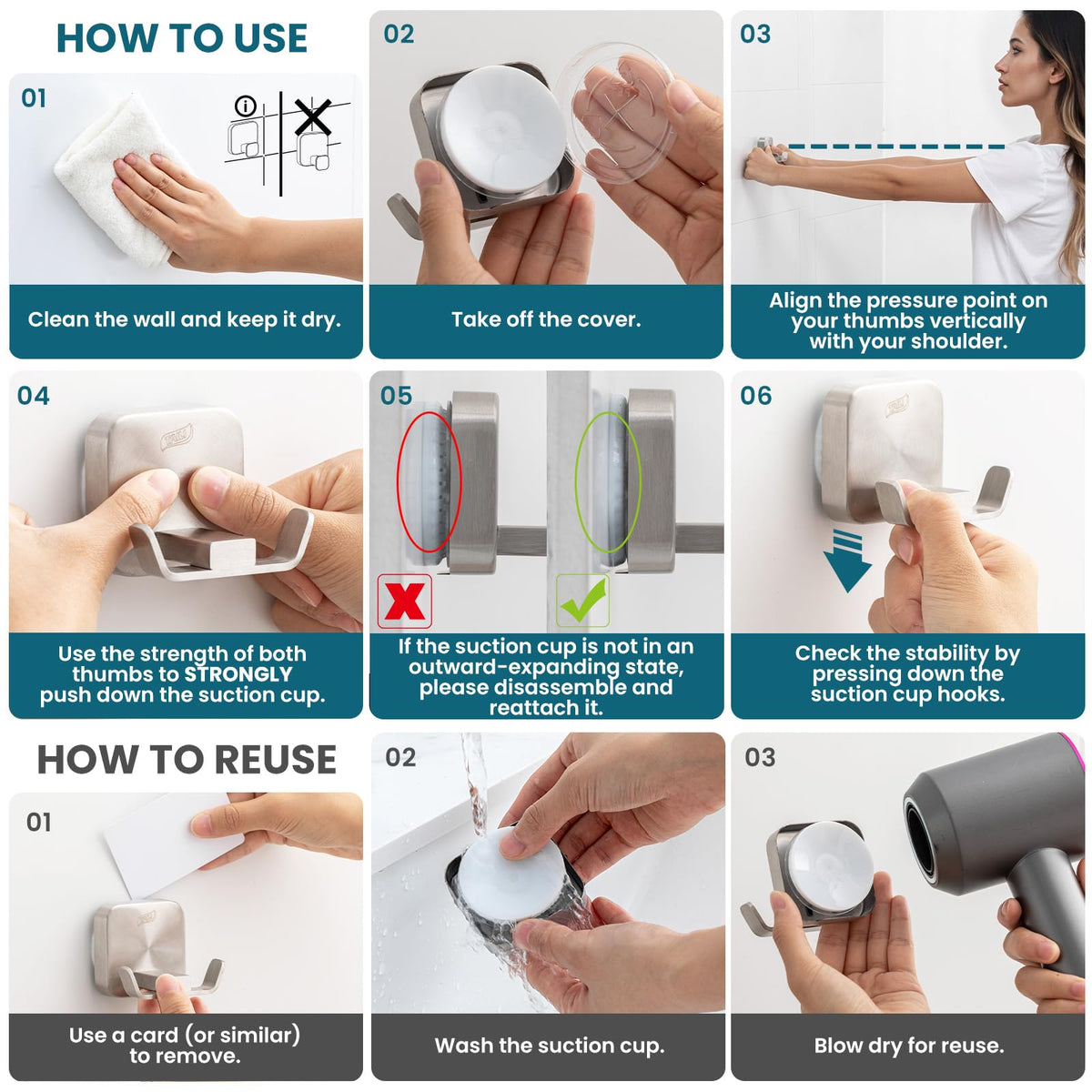 TAILI Shower Hooks Suction Cup, Towel Hooks for Bathrooms, Stainless Steel