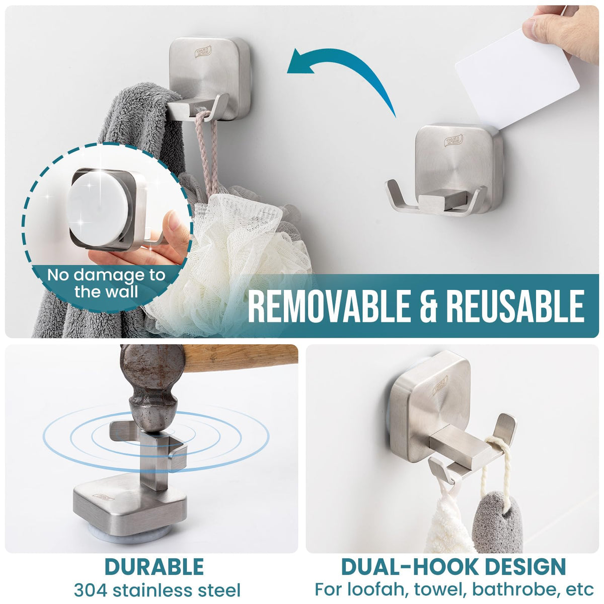 TAILI Shower Hooks Suction Cup, Towel Hooks for Bathrooms, Stainless Steel