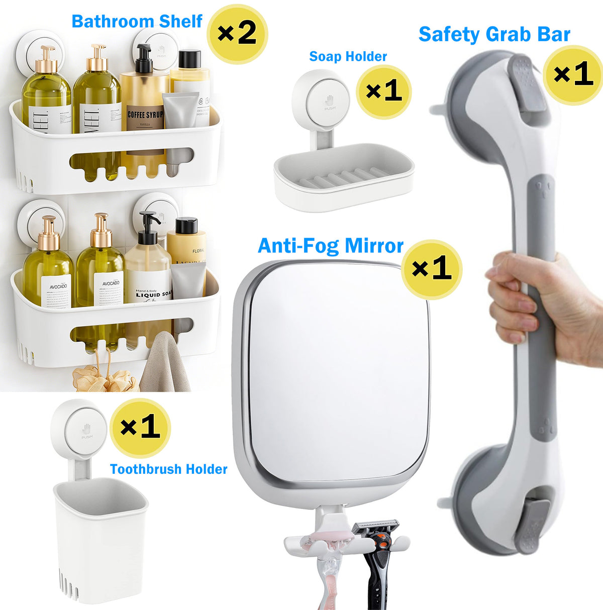 TAILI NICE Series No-Drill Suction Bathroom Set – Fogless Shower Shaving Mirror, 2-Tier Shower Caddy, Soap Dish Holder & Self-Draining Toothbrush Holder