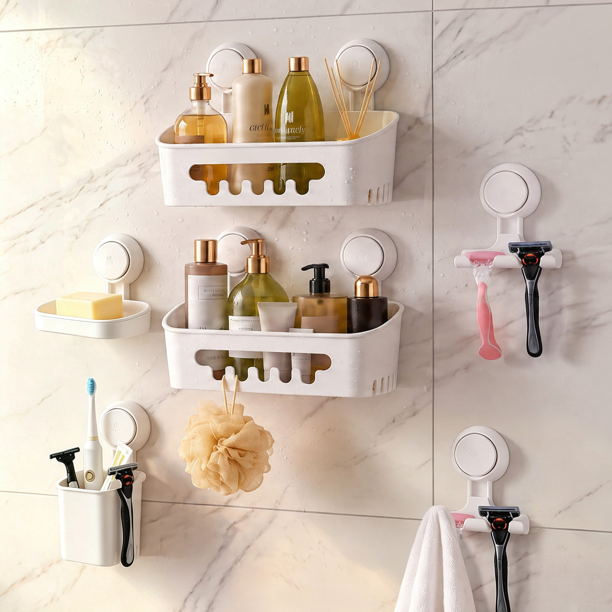 TAILI NICE Series 6-Piece Suction Bathroom Storage Set – Drill-Free Shower & Bath Organizer Collection