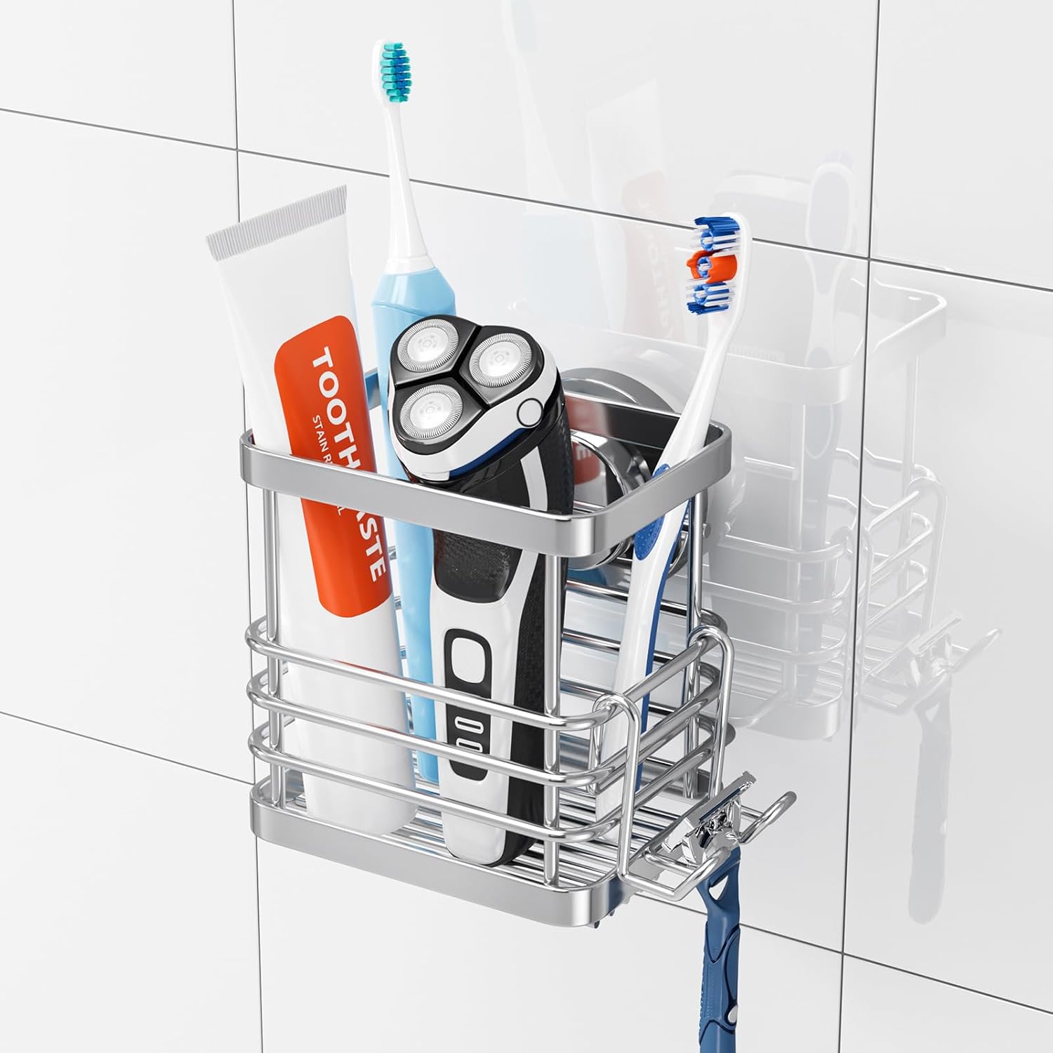 TAILI Patented Suction Cup Toothbrush Holder, Stainless Steel Anti-puddling Shower Toothbrush Holder, No Drilling Removable Organizer for Bathroom Toothpaste, Razor, Kitchen and Office Items