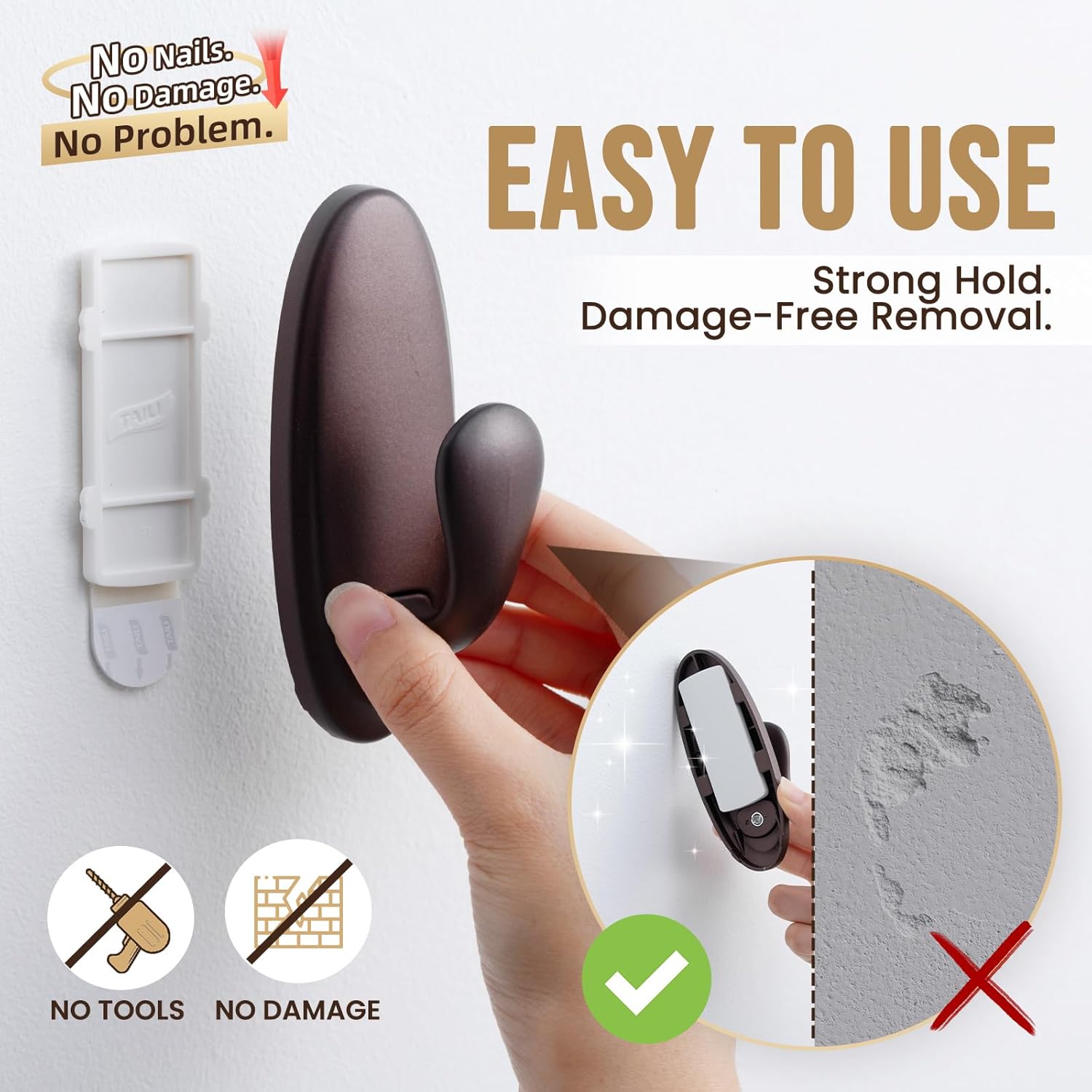 TAILI Easy-Metal Adhesive Hooks 2-Pack Heavy Duty 3.3 LBS Hangers & 4 Strips