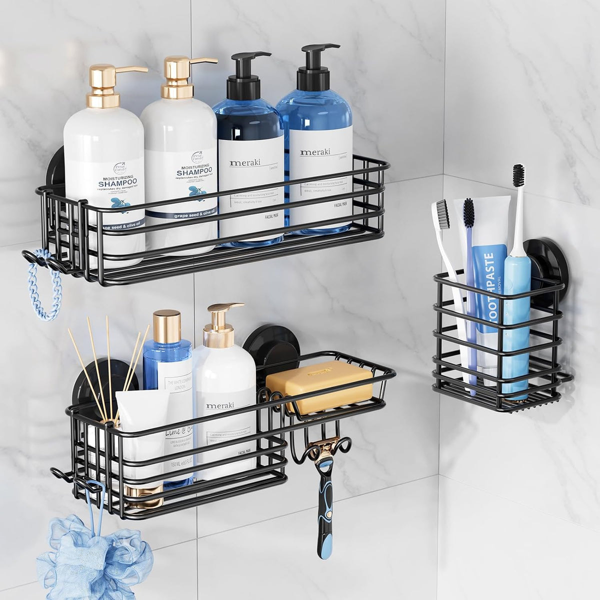 TAILI Shower Caddy Suction Cup, 3 Pack Shelves for Inside Shower with Hooks