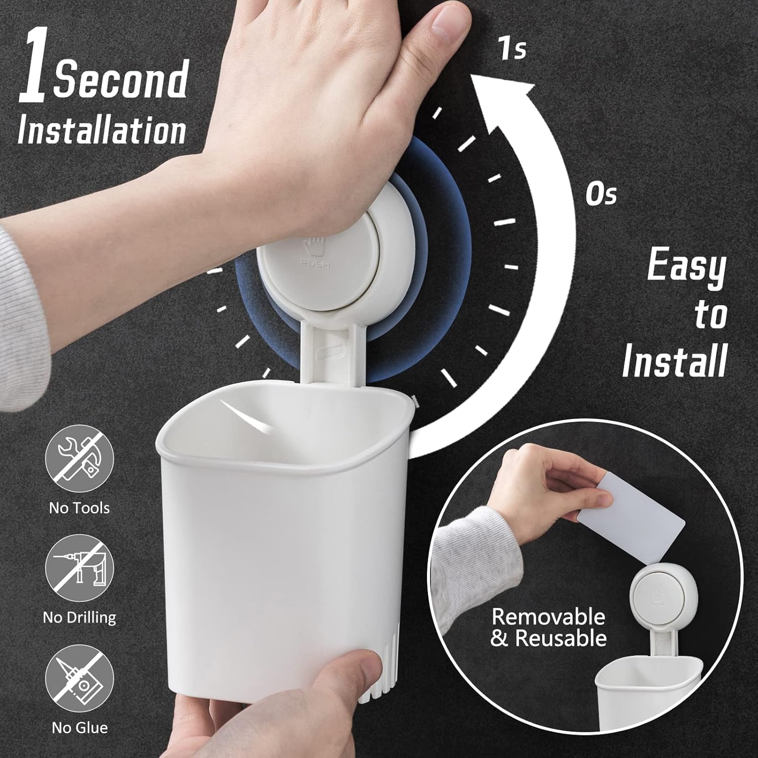 LEVERLOC Powerful Suction Cup Toothbrush Holder, Drill-Free Wall Shower Holder for Toothbrush, Toothpaste, Razor, Removable Suction Cup in Shower, Self-draining Kitchen Tableware Organizer, White