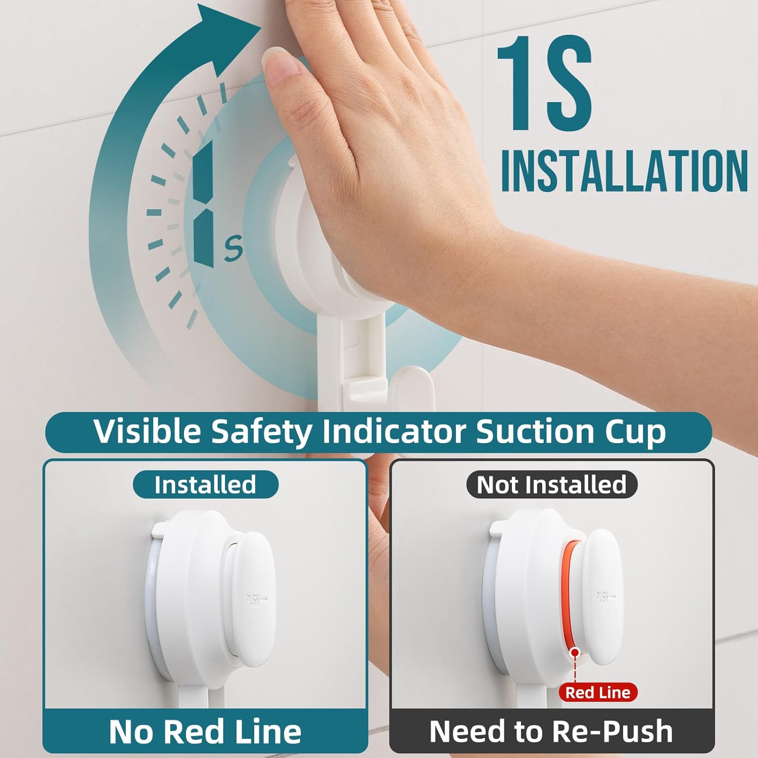 TAILI Visible Safety Indicator Suction Cup Hooks 4-Pack White Shower Wall Hook
