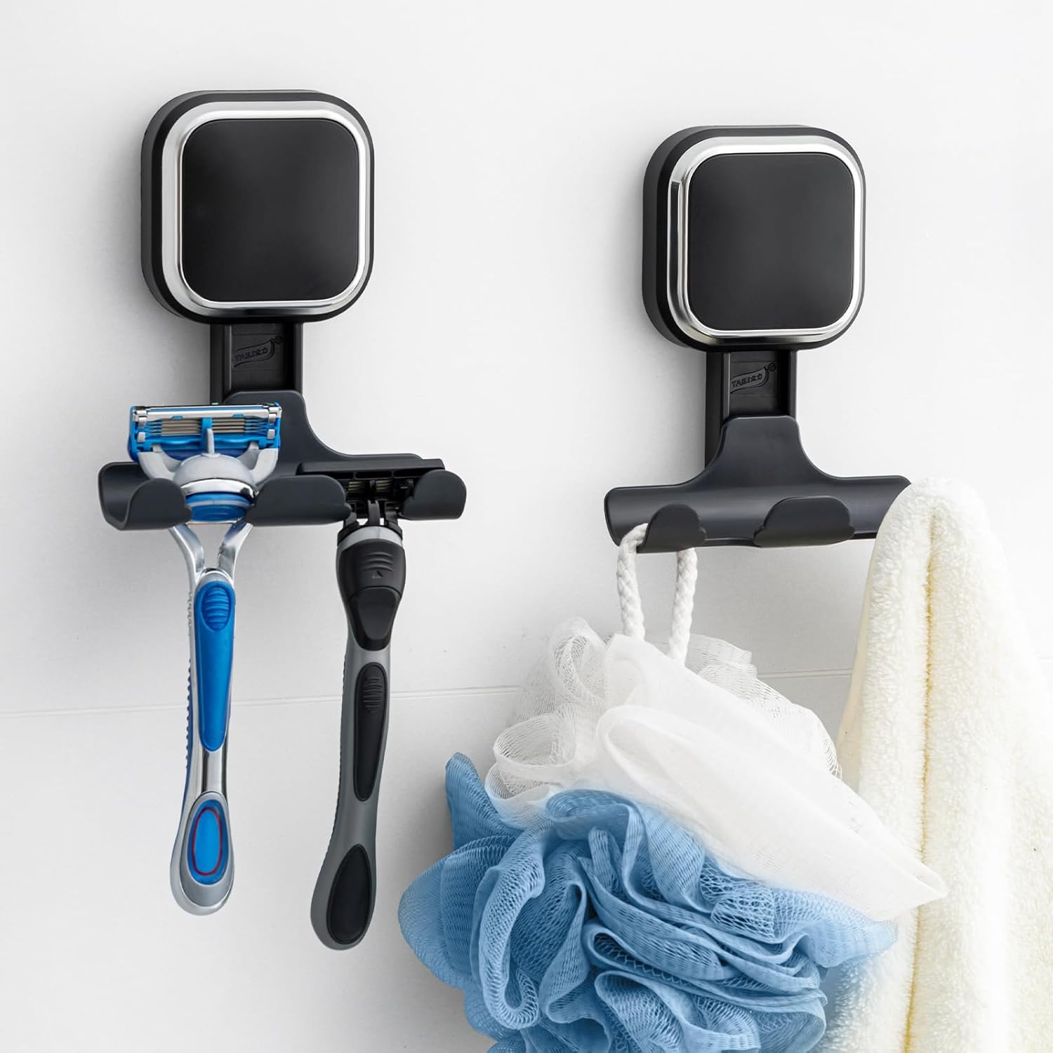 TAILI Suction Cup Razor Holder for Shower Wall 2 Pack, Versatile Suction Cup Hooks for Razor, Towel, Loofah, Squeegee, Cell Phone, Removable Damage-Free Hanging Shower Hook, Shaver Holder