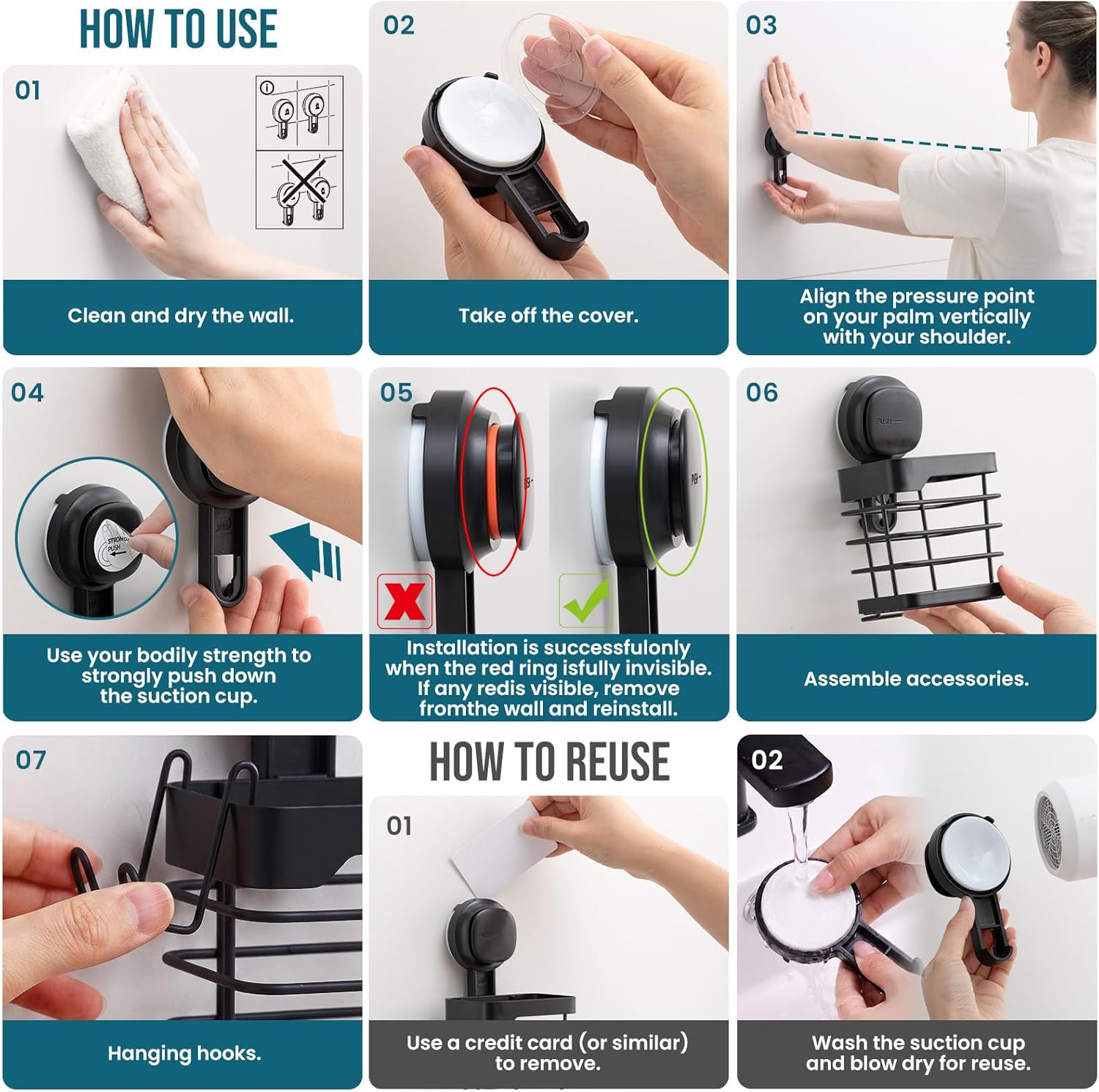 TAILI Upgraded Suction Cup Toothbrush Holder with Razor Hook Large Capacity Inverted Trapezoid Caddy