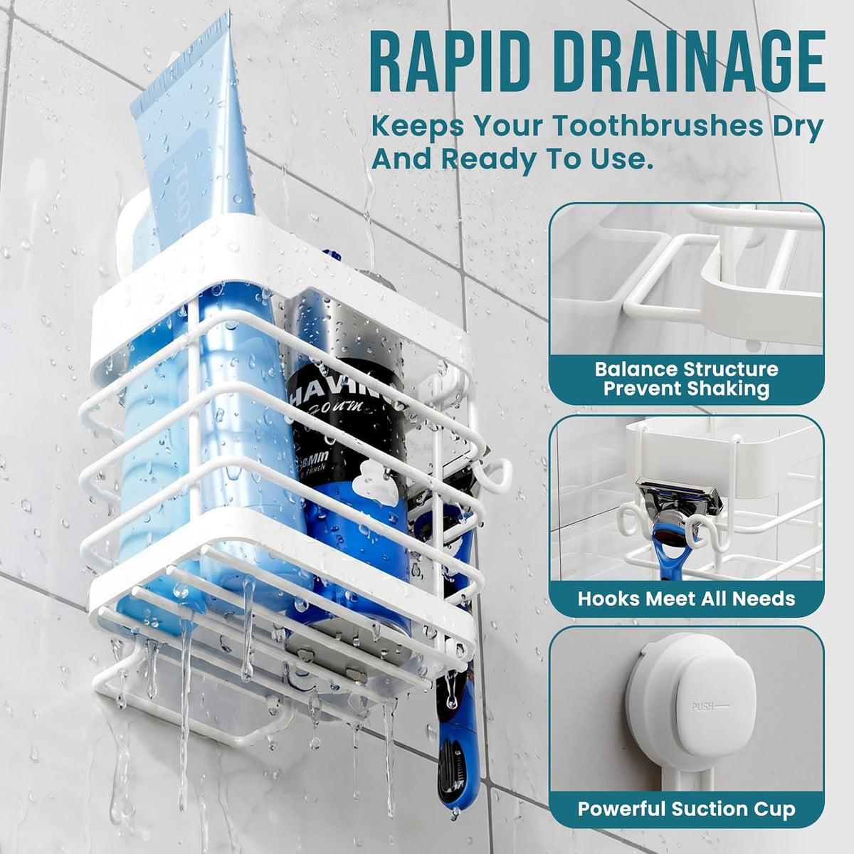 TAILI Upgraded Suction Cup Toothbrush Holder with Razor Hook Large Capacity Inverted Trapezoid Caddy