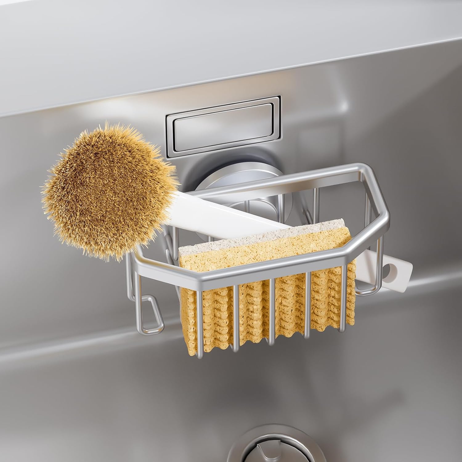 TAILI Sponge Holder with Strong Suction Cup, Dish Sponge Caddy Inside Sink Removable, Rustproof Aluminum for Sponges, Brushes, Stoppers and Scrapers