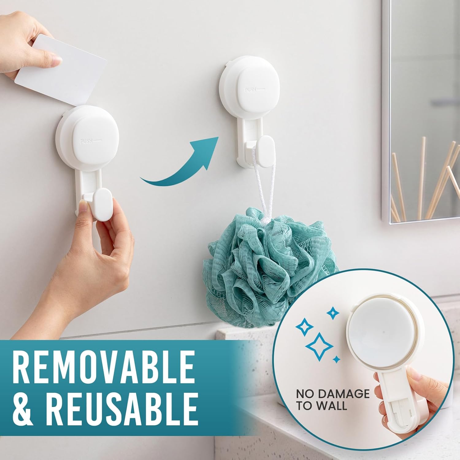 TAILI Visible Safety Indicator Suction Cup Hooks 4-Pack White Shower Wall Hook