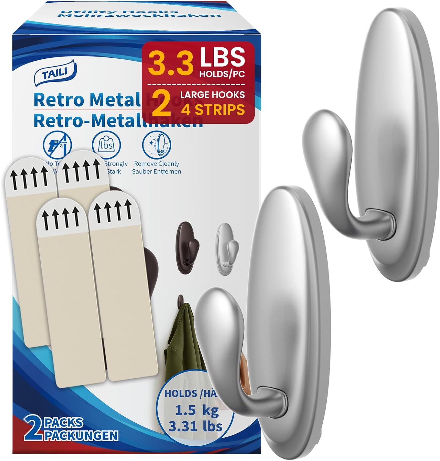 TAILI Easy-Metal Adhesive Hooks 2-Pack Heavy Duty 3.3 LBS Hangers & 4 Strips