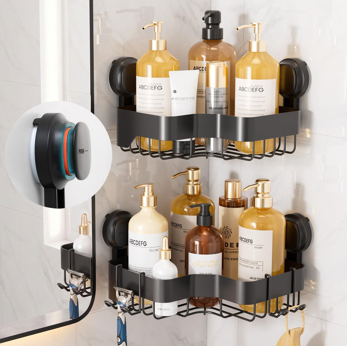 TAILI Corner Shower Caddy Suction Cup, 2 Pack Shower Shelf With Hook