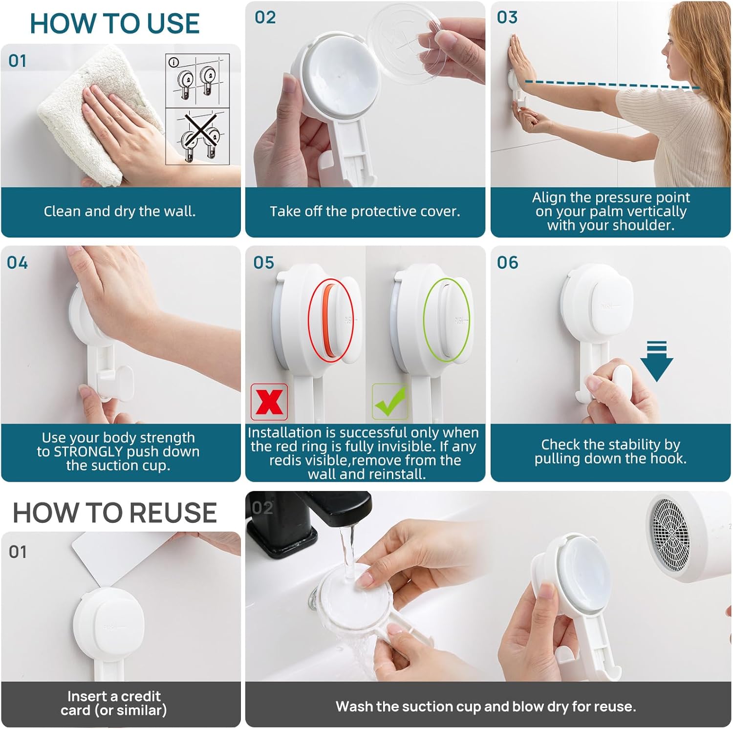 TAILI Visible Safety Indicator Suction Cup Hooks 4-Pack White Shower Wall Hook