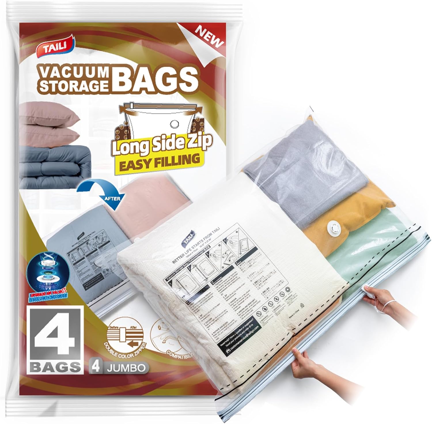 TAILI Long Side Zip Vacuum Storage Bags