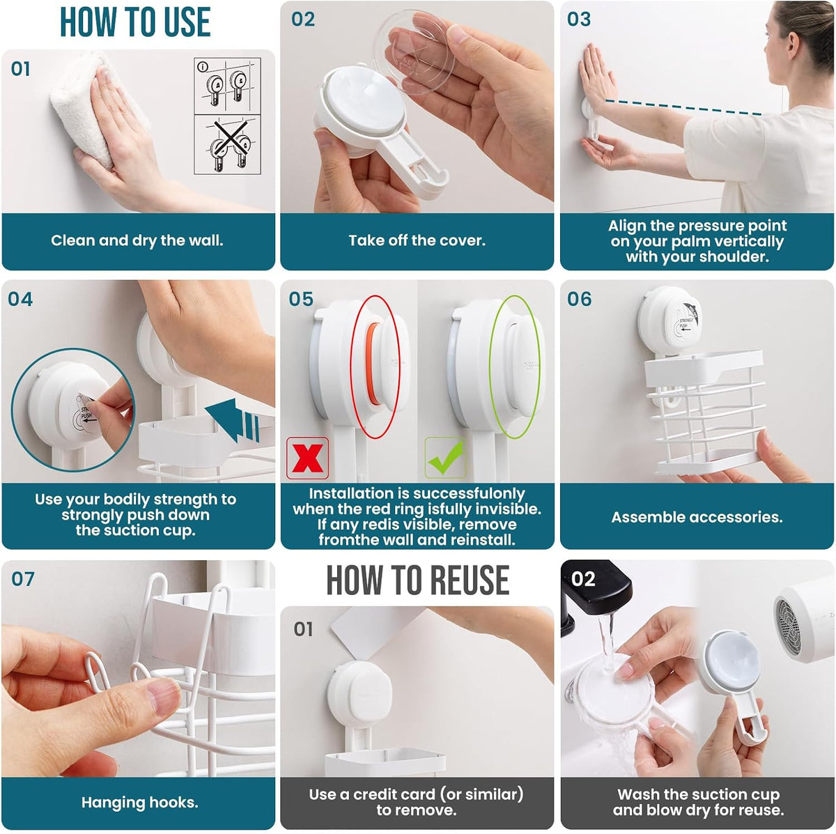 TAILI Upgraded Suction Cup Toothbrush Holder with Razor Hook Large Capacity Inverted Trapezoid Caddy