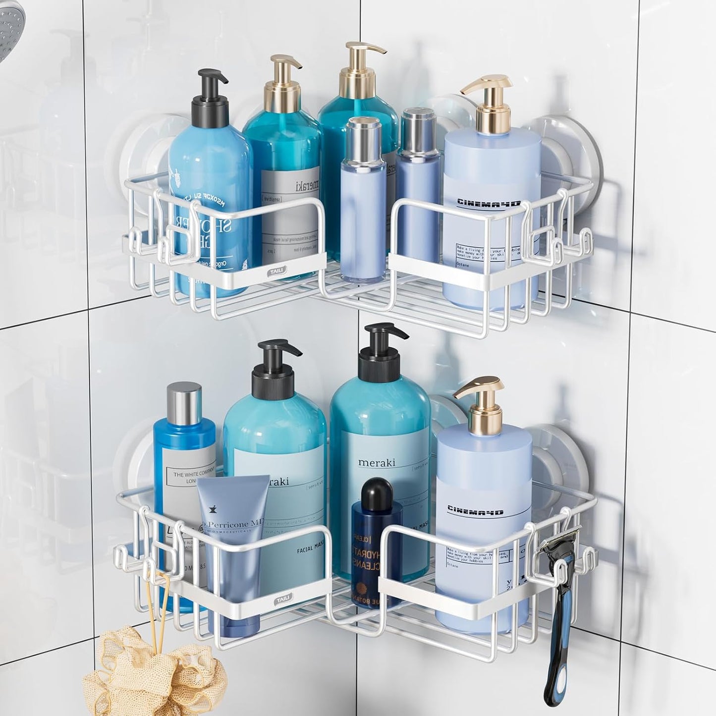 TAILI Corner-adaptive Suction Cup Shower Caddy 2 Pack, Stainless Steel Rustproof Corner Shower Shelves, Drill-Free Wall Mounted Baskets, Large Capacity, Removable Suction Cup Bathroom Organizer